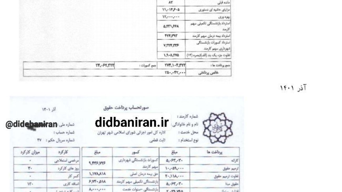 لو رفتن فیش حقوق 30 میلیونی کارمند زن شورای شهر تهران / این زن در حالی که برای زایمان به خارج رفته هر ماه 130 ساعت اضافه کار گرفته است! + اسناد